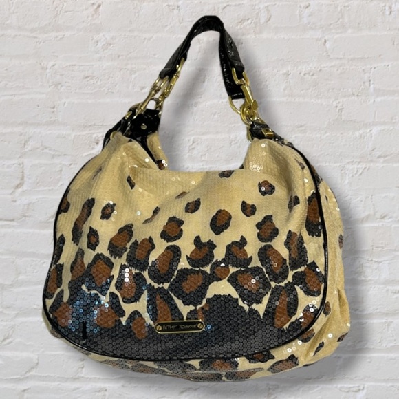 VINTAGE Betsy Johnson Black Brown Leopard Print Sequin Hobo Shoulder Bag Purse - Picture 1 of 12